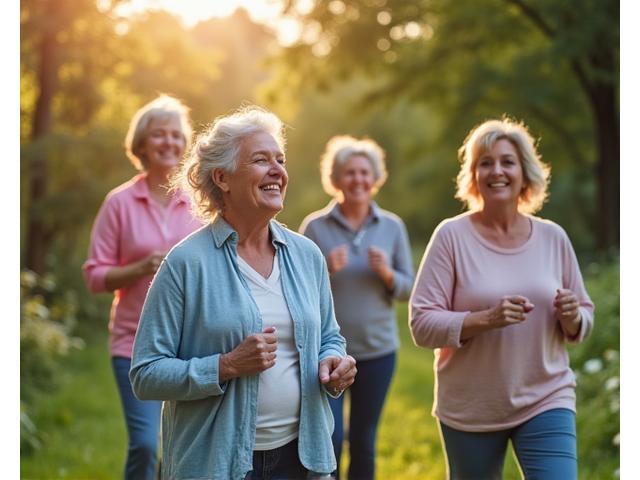 Diverse group of adults (35+) laughing and exercising outdoors, symbolizing community and shared wellness journey
