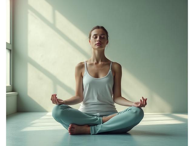 Person meditating peacefully in a bright, modern studio, focusing on mindfulness.